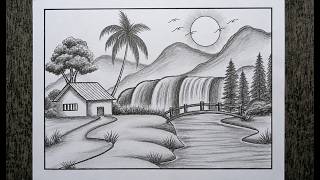 How to Draw a Mountain and Waterfall Scenery | Easy Landscape Drawing for Beginners | Pencil drawing