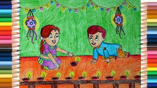 How to draw children enjoying diwali || Happy Diwali Special || Coloring page for Kids