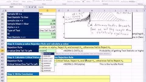 Excel 2010 Statistics 79: 1 Tail Left z Distribution Mean Hypothesis Testing P-value Critical Value
