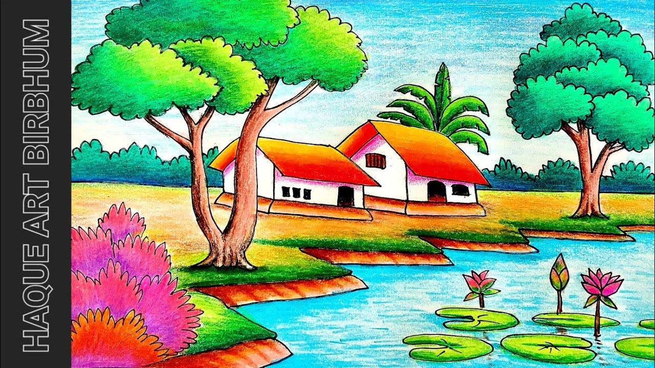 HOW TO DRAW EASY VILLAGE SCENERY | SCENERY DRAWING WITH COLOUR PENCIL ...
