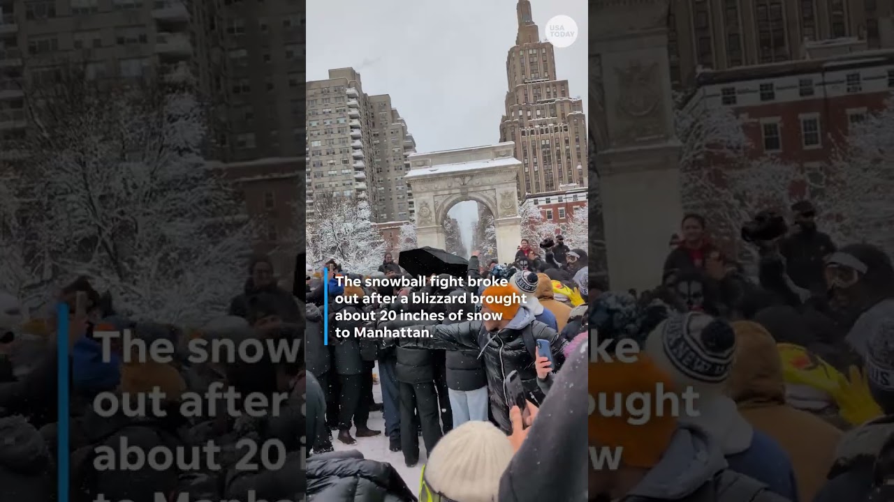 New Yorkers break out in massive snowball fight in Washington Square Park