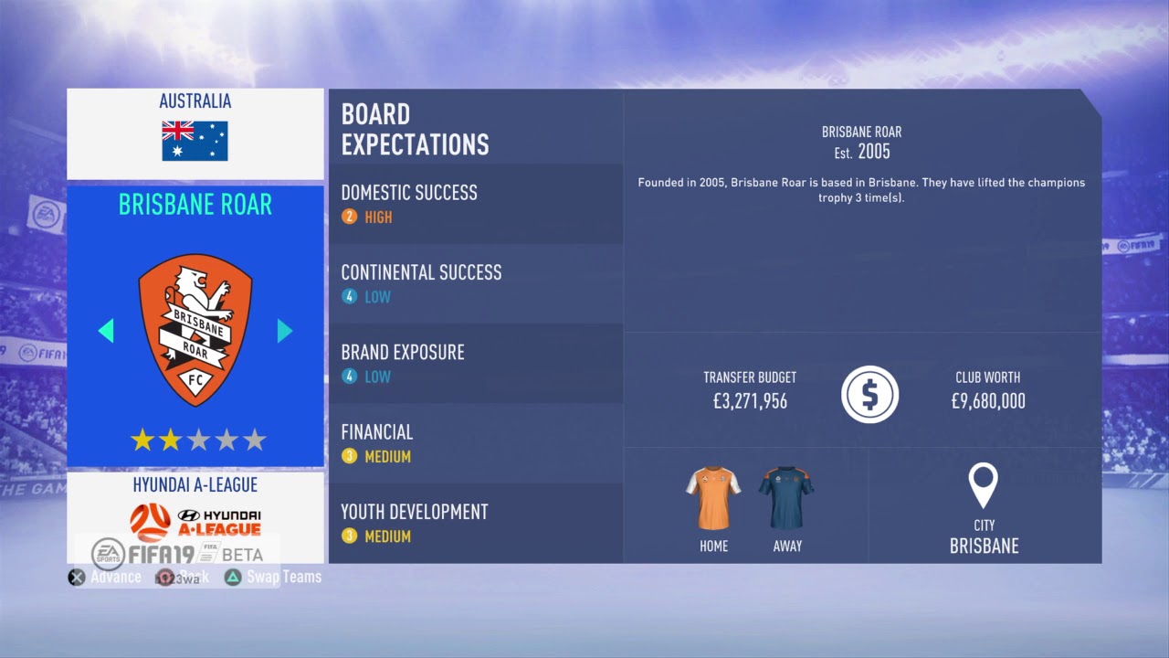 FIFA 19 CAREER MODE-TRANSFER BUDGET-ALL TEAMS IN AUSTRALIA