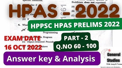 HPPSC HPAS Prelims 2022 | Answer key | Part - 1 | Exam Date : 16 Oct 2022