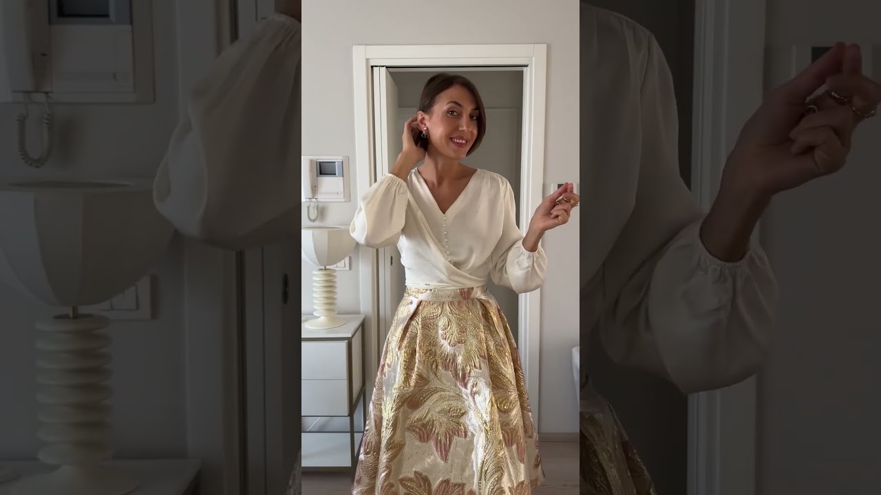 Pearl Decor Self-Tie Bowknot Textured Crop Top & Metallic Leaves Jacquard Embossed A-Line Midi Skirt