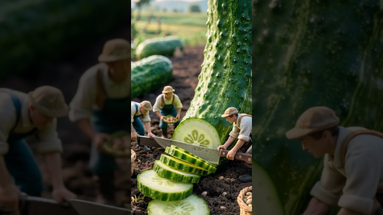 Mini Workers Take On Giant Cucumber 
