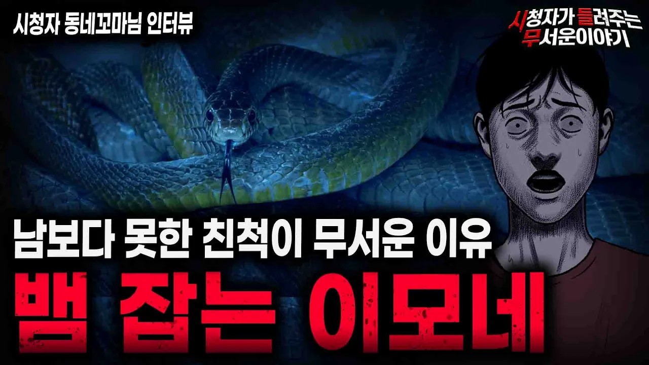 【무서운이야기 실화】 뱀 잡는 이모네가 무서운 이유  레전드 친척 실화 괴담ㅣ동네꼬마님 사연ㅣ돌비공포라디오ㅣ괴담ㅣ미스테리 인터뷰ㅣ시청자 사연ㅣ공포툰ㅣ오싹툰ㅣ공포썰