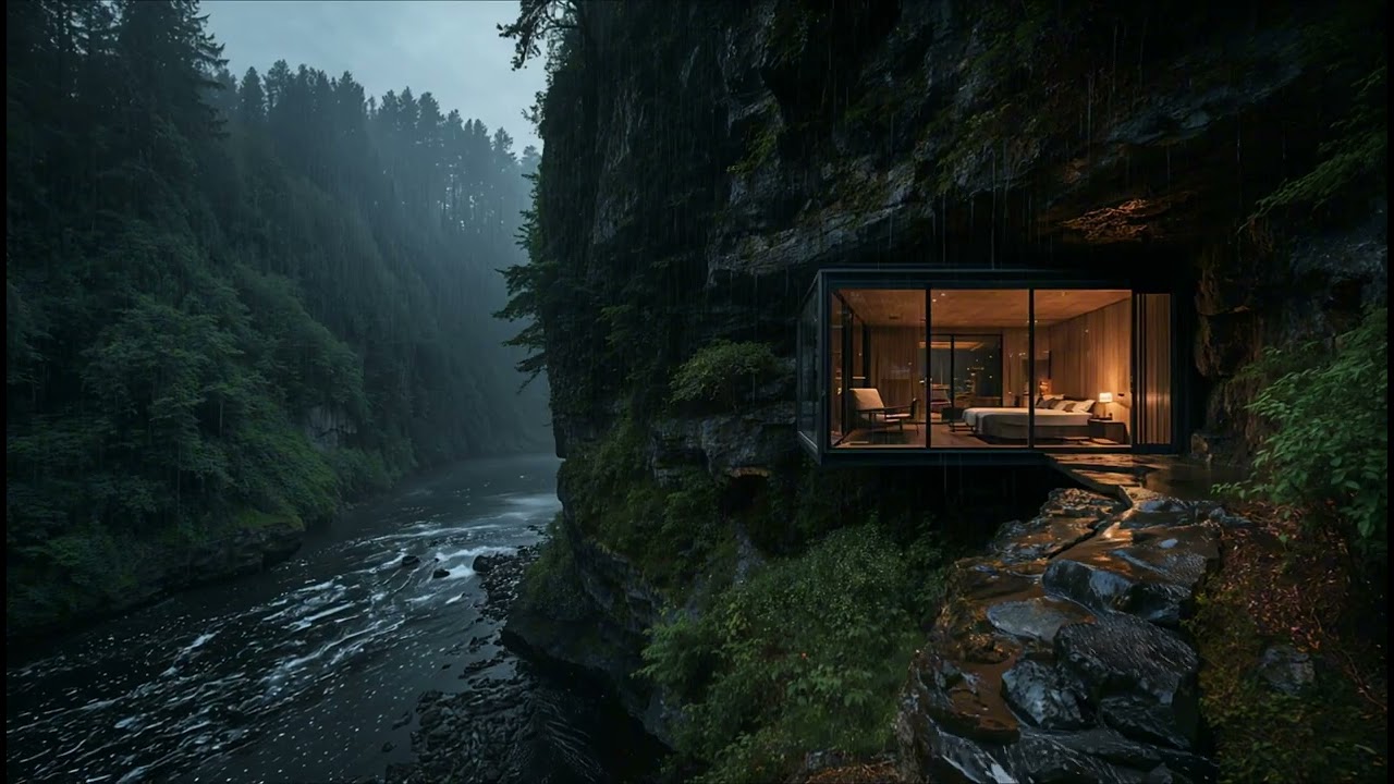 🌙 Soft Rain & River for Deep Sleep – Cozy Cliffside Cabin at Night | No Thunder