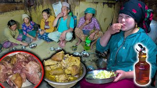 Sheep Meat Fry Recipe & rice eating with Neighbors | Village Lamb Meat recipe | Nepali village life