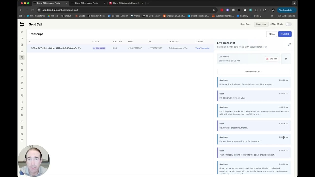 Bland AI call assistant demo screenshot showing conversation flow