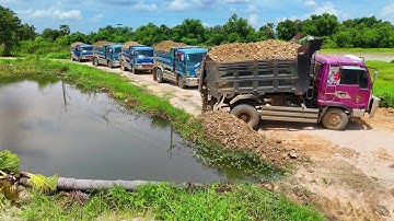 Trial work Processing Landfill Huge Size Using Dump Truck 5Ton & Dozer Pushing Stone Soil, Mix VDO
