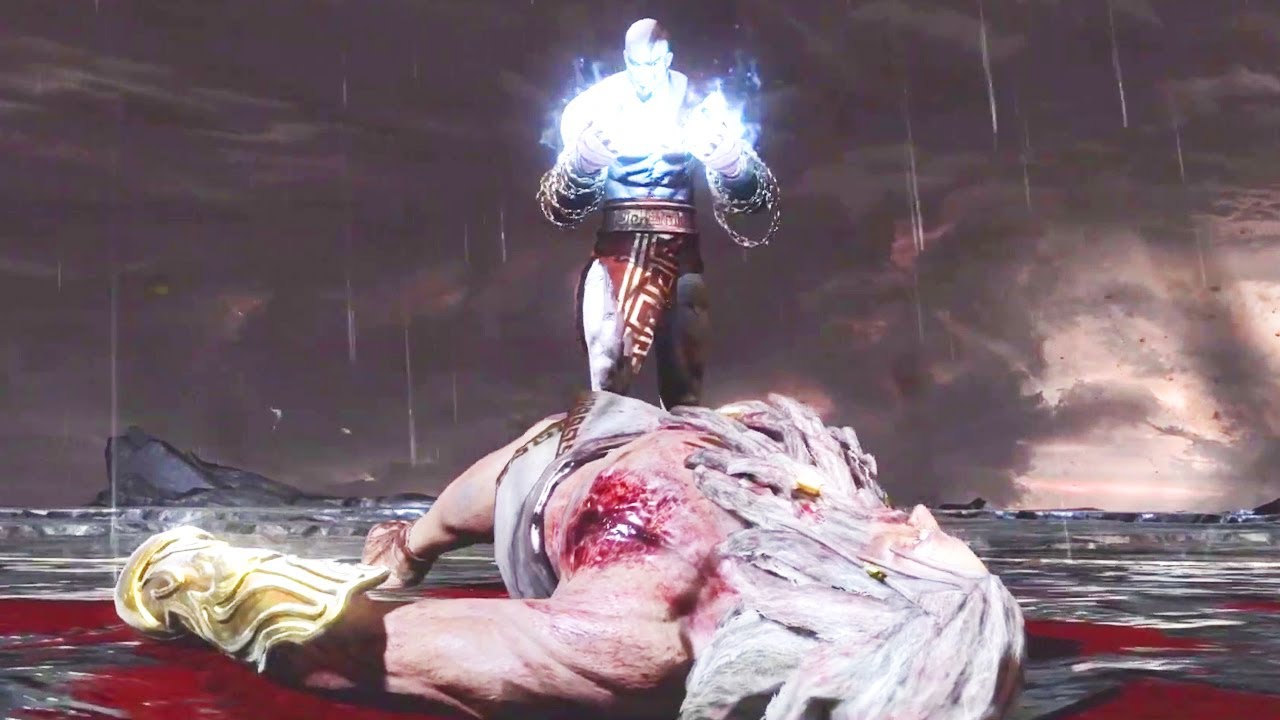 God of War - Kratos kills his father Zeus (The death of Zeus scene), image size:1280x720