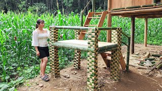 Decorate Wooden Stairs with Bamboo | One Woman Building Amazing Forest CABIN