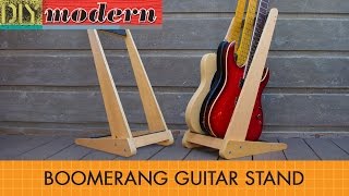 We show you how to make this cool, modern, boomerang inspired guitar stand. Download the FREE detailed plan at our website: 