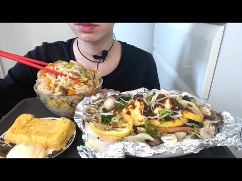 【ASMR 咀嚼音】角煮の煮汁を使った炊き込みご飯と鮭のホイル焼きと卵焼き！seasoned rice with vegetables Grilled Foil-wrapped Salmon！