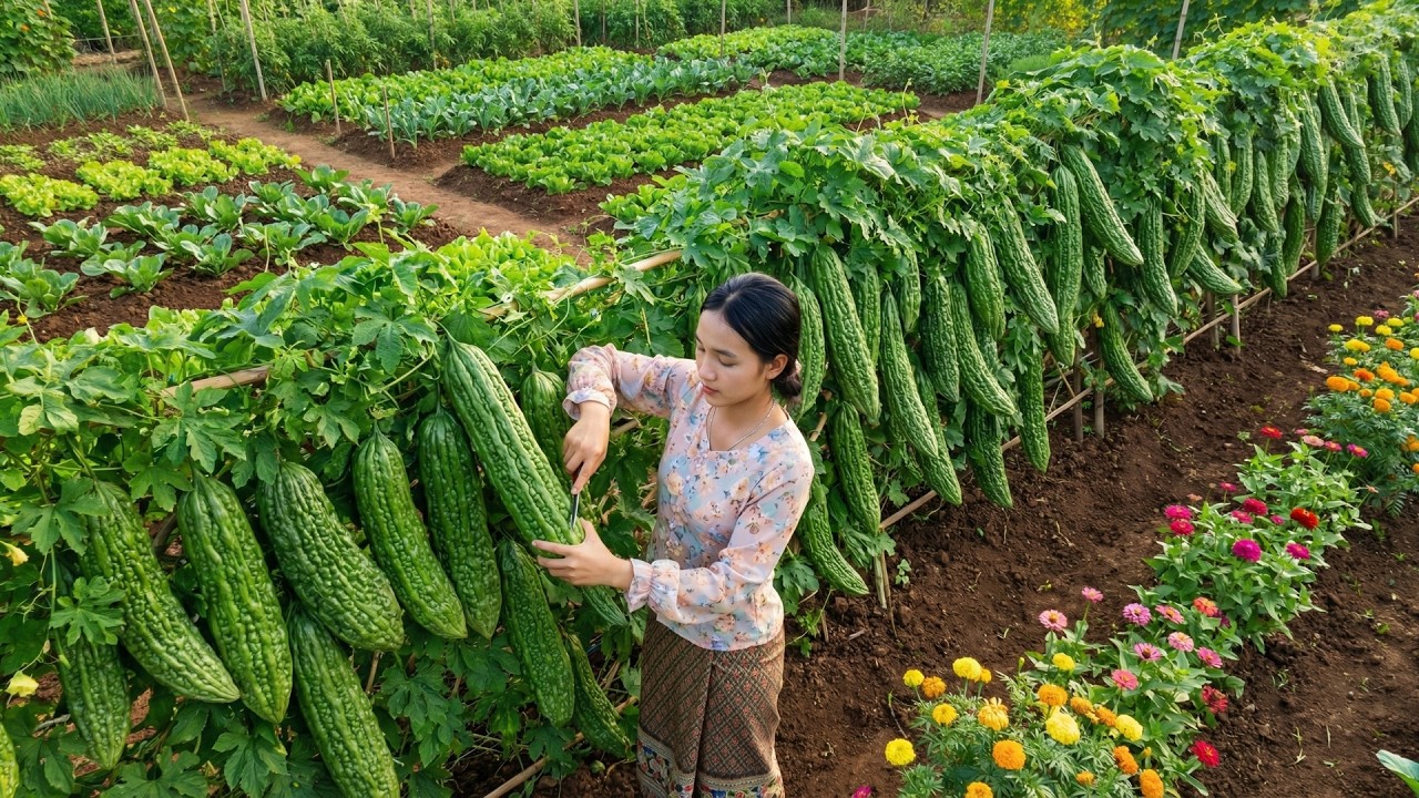 Harvesting 350kg of Giant Bitter Melons, a Young Woman Transports Everything to the Market to Sell