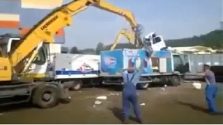 Angry Man in Crane Destroys Ice Cream Truck. Epic!!