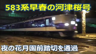 【583系早春の河津桜号】夜の花月園前踏切を通過