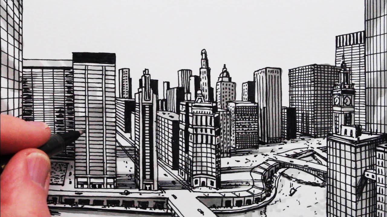 How To Draw A City In One Point Perspective Chicago Youtube