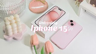 Aesthetic Iphone 15 pink unboxing (256gb) 𐙚 .° ༘ set up 🌷+ Camera comparison 🎀 + accessories 🩷