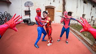 3 TWINS REDS SPIDER-MANS escape from ONE ZOMBIE SPIDERMAN IN abandoned farm( survive horror POV)