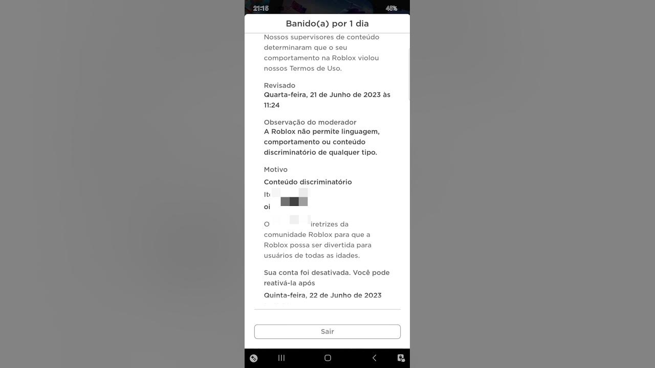 Conta excluída Nossos supervisores de conteúdo determinaram que o seu  comportamento na Roblox violou nossos Termos