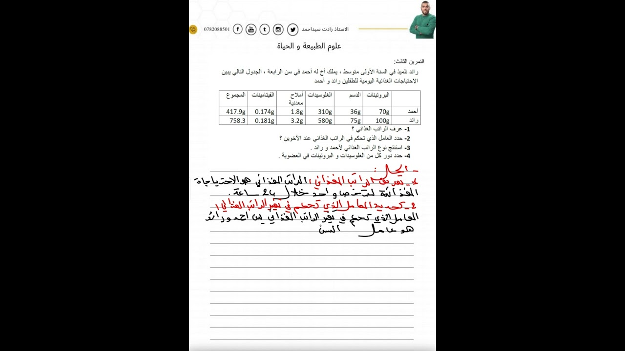 تمرين للاولى متوسطة على الراتب الغذائي علوم طبيعية