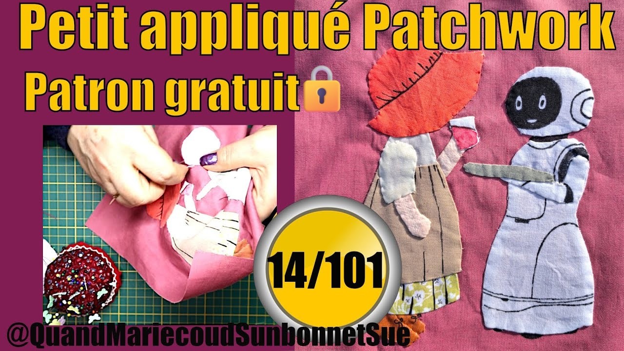 🟠  Petit patchwork appliqué à la main pour débuter l'appliqué en couture : robot et fillette #014