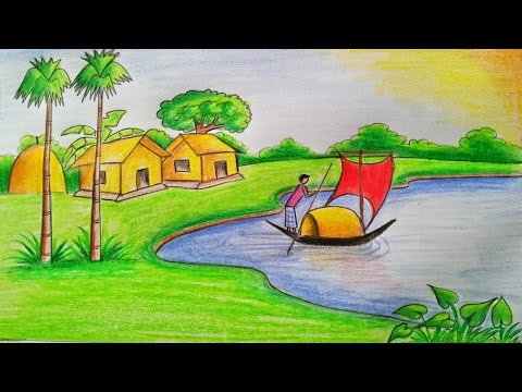 Easy Village Scenery Drawing| Hillside drawing,sun, stream,tree,bird drawing  | Pencil drawing | Easy scenery drawing, Village scene drawing, Village  drawing