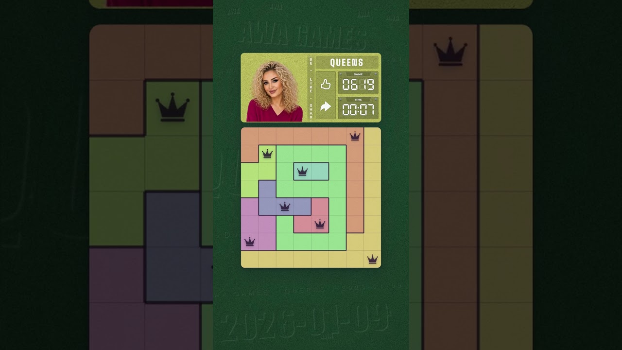 LinkedIn Queens #619 solved board for January 9, 2026, 8x8 grid