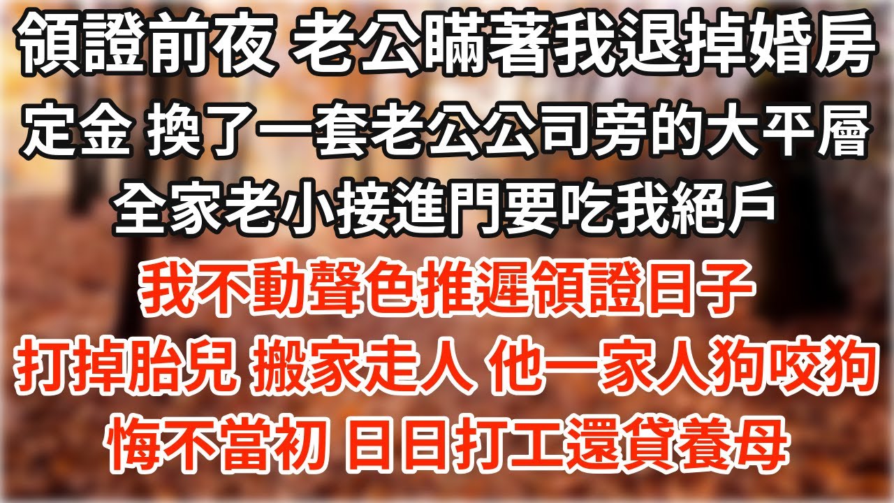 領證前夜 老公瞞著我退掉婚房定金，換了一套老公公司旁邊的大平層，全家老小接進門要吃我絕戶。我不動聲色推遲領證日子，打掉胎兒 搬家走人。他一家人狗咬狗 悔不當初，日日打工還貸養母