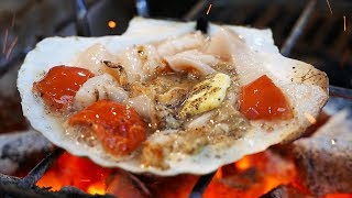 日本路邊小吃 - 大阪的海鮮 巨大扇贝，牡蛎，海胆