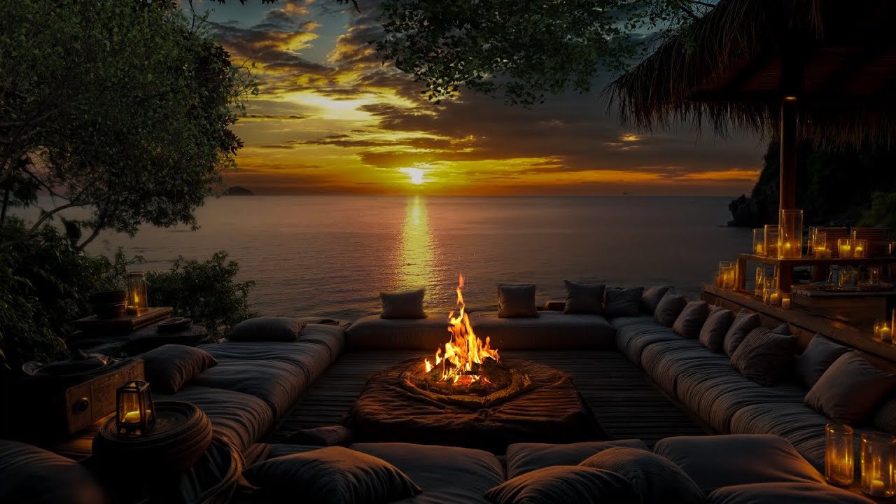 (NO ADS) Sunset Serenity on the Shore 🌊🌅 | Soothing Waves & Flickering Fire Sounds