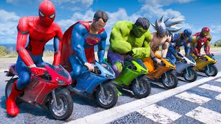 Spiderman Racing Motorcycles with Superheroes - Pass Through The Ring of Fire