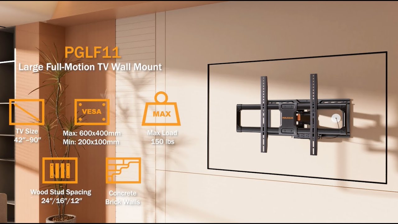Perlegear PGLF11 Full Motion TV Wall Mount with Power Strip | Onboard Power for a Cleaner Setup