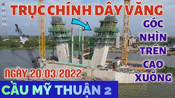 Cầu Mỹ Thuận 2: Góc nhìn Flycam từ trên cao nhìn xuống trụ tháp dây văng và đường dẫn 2 bên đầu cầu