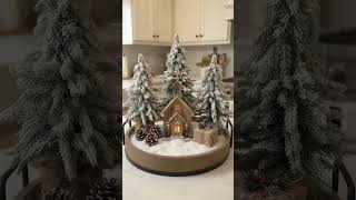 Snowy Village Christmas Tray Centerpiece | Wooden Church + Flocked Trees Decor