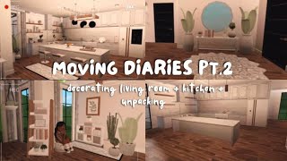 Moving diaries pt.2 decorating living room + kitchen + unpacking| bloxburg