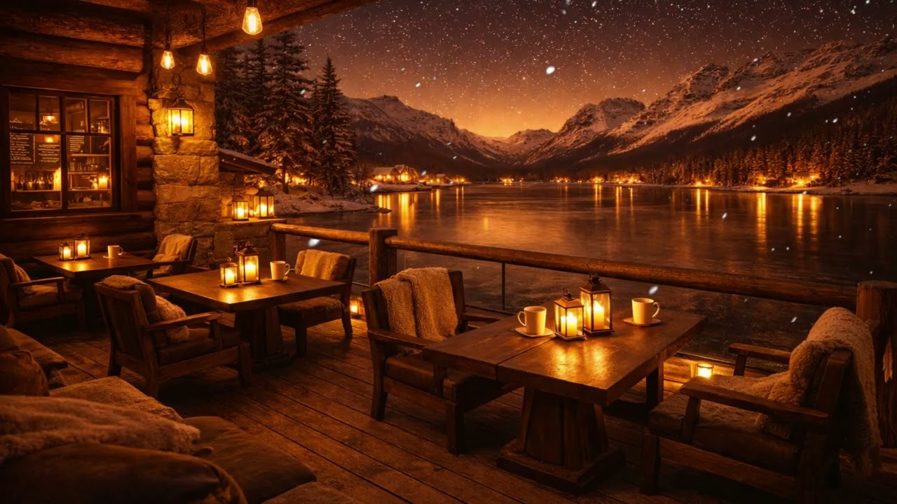 Snowy Mountain Lake at Night 🌙 Warm Fireplace Cabin Ambience