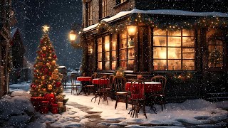 Christmas Street Night at Snowy Coffee Shop Ambience | Soft Jazz Music & Snow on Street to Relax