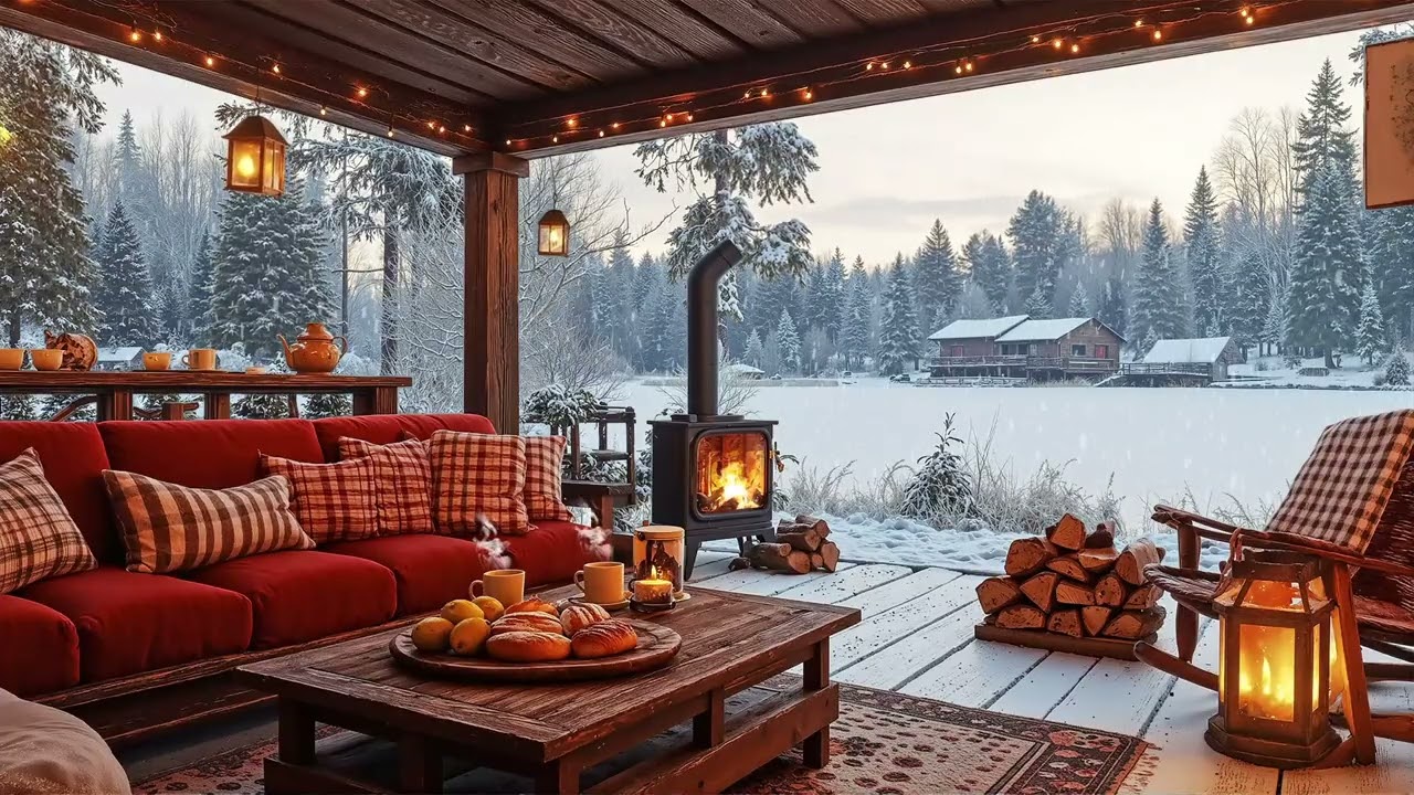 Cozy Snowy Porch Jazz Mood ❄️ Lantern Lights & Fireplace | Smooth Jazz for Winter Calm