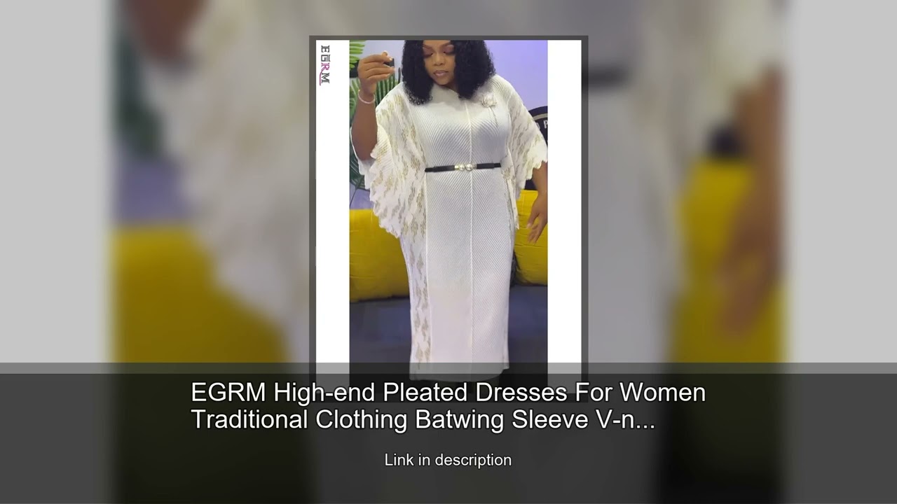 EGRM High-end Pleated Dresses For Women Traditional Clothing Batwing Sleeve V-neck Print Gown M