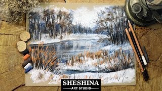 How to draw a winter landscape in limited color with soft pastels and charcoal 🎨 LANDSCAPES