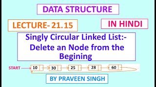 Data structure lecture 21.15 Delete an node from the beginning- singly circular linked list in hindi