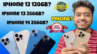 iPhone 13, 14 256gb, iPhone 12 128gb Prices in Flipkart Big billion days 2023 & Amazon sale?