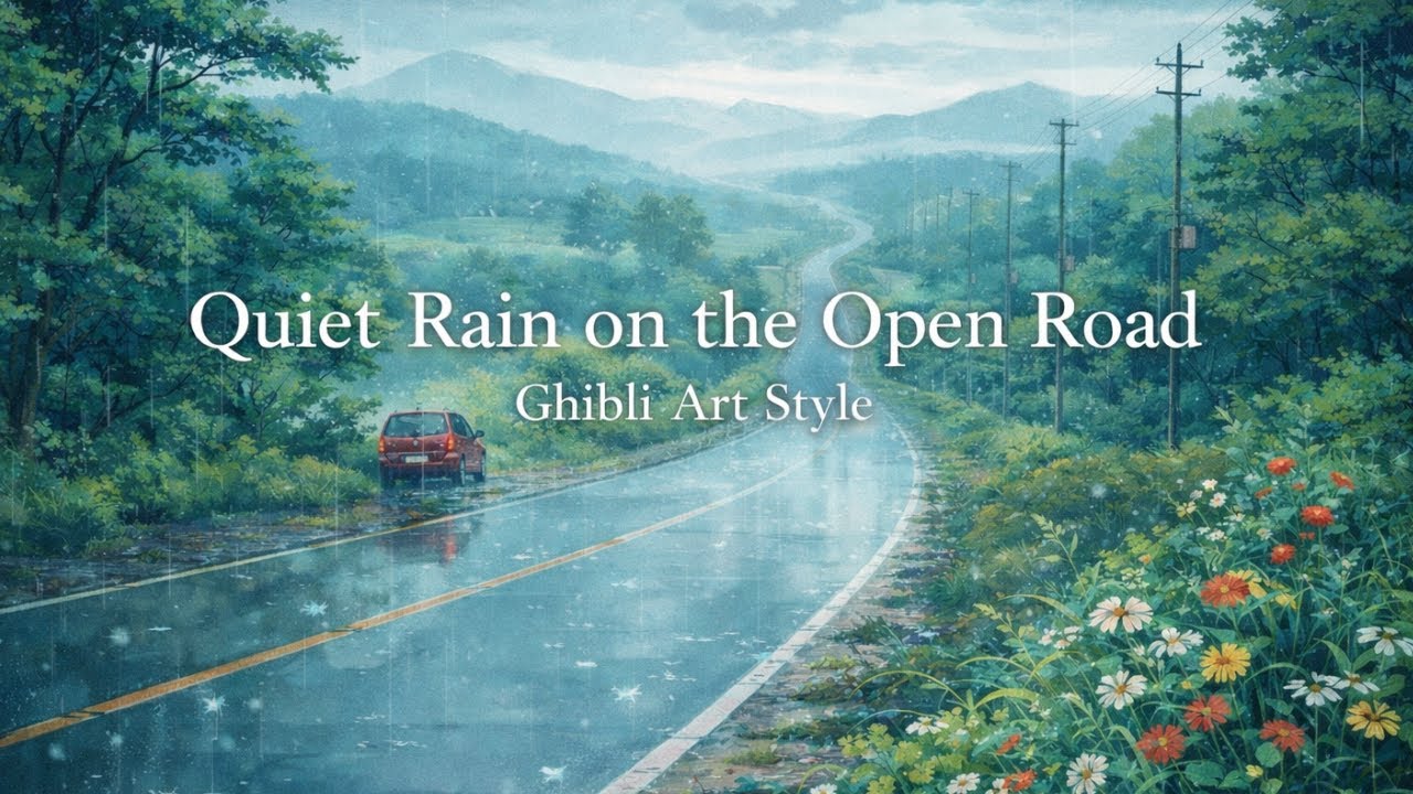 Quiet Rain on the Open Road | Ghibli Art Style