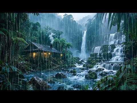No Ads. Sleep Deeply with Heavy Rain on Flowing Forest Stream | ASMR Nature Sound