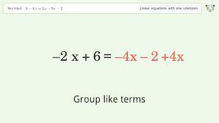 Linear equation with one unknown: Solve 6-6x=5x-9x-2 step-by-step solution