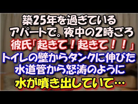 【修羅場】 築25年を過ぎていてインターフォンすらついていないアパートで。夜中の２時ごろに彼氏「起きて！」トイレの壁からタンクに伸びた水道管から怒涛のように水が噴き出していて… スカッと修羅場ラバンダ