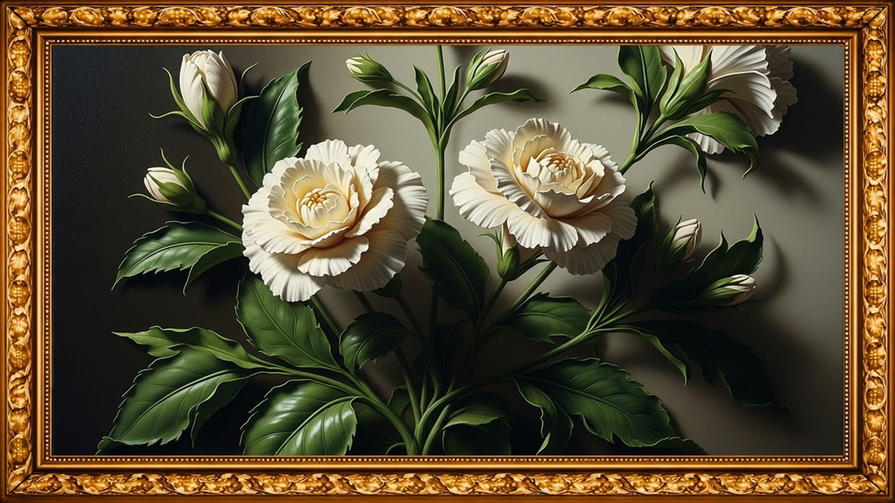 Creamy White Botanical Oil Painting | Dramatic Gallery Lighting