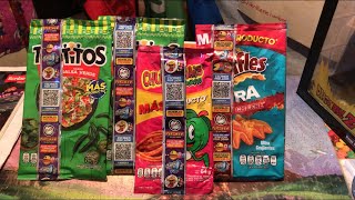 Tazos Pac-Man Abriendo Tostitos, Churrumais y Ruffles Ultra blazin’ cheesse